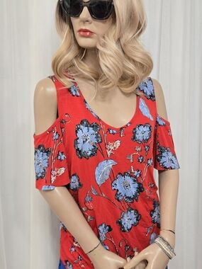 Cold-Shoulder Floral Top in Red with Blue Flowers